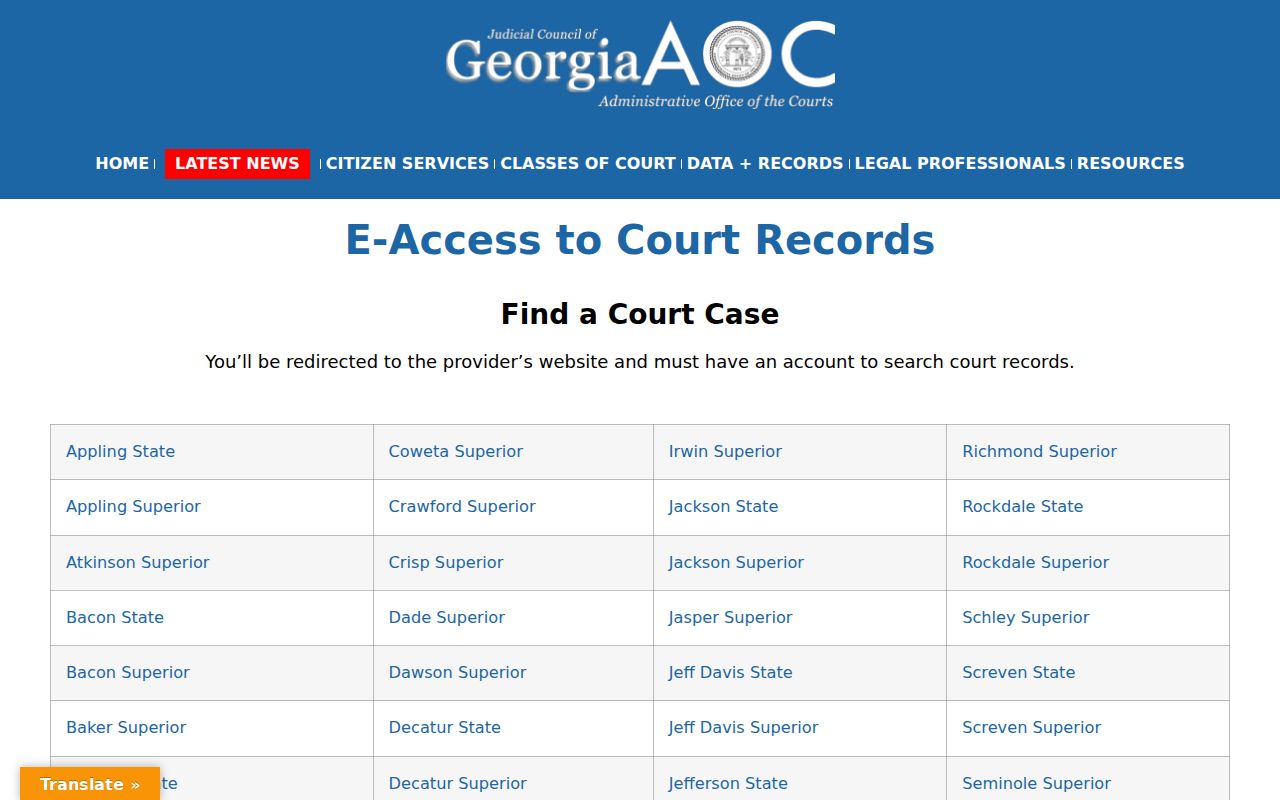 Georgia E-Access directory for McIntosh County docket search