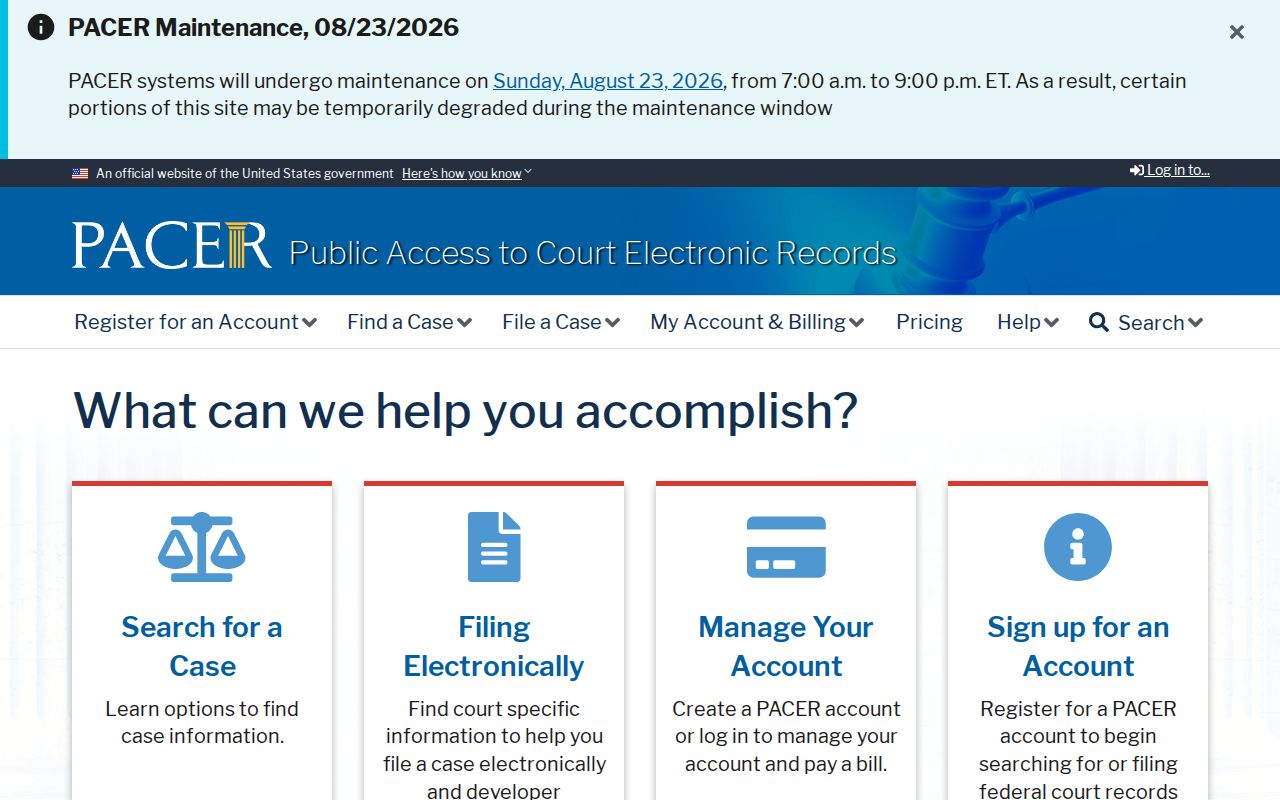 PACER federal court date search access for McIntosh County matters