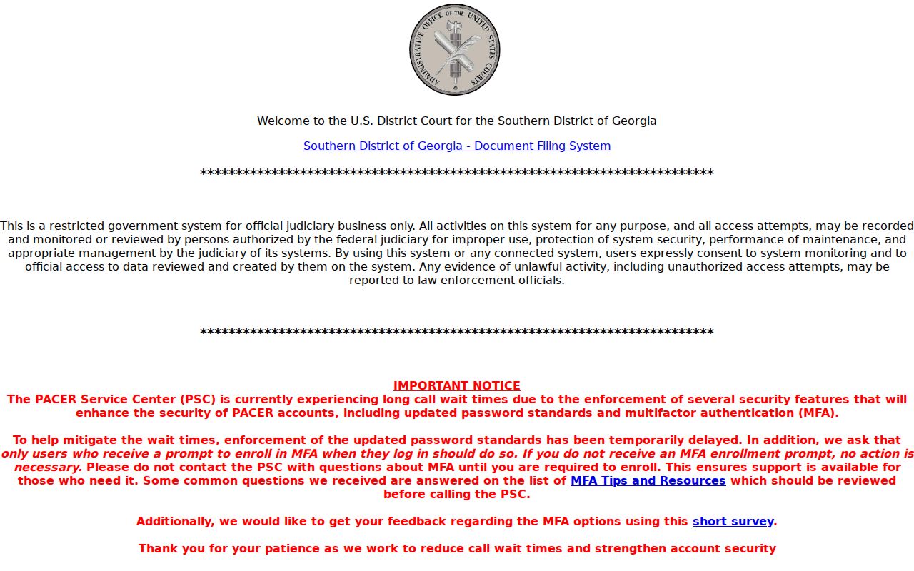 Southern District of Georgia CM ECF screen for federal criminal court records